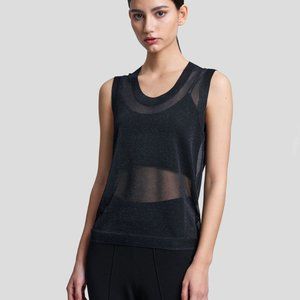 NWT Lattelier Dark Blue Metallic Thread See-Through Knit Tank Top Small